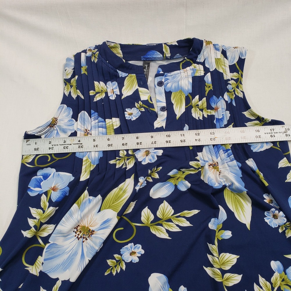 White Mark Womens Navy Blue Floral Pleated‎ Henley Sleeveless Tunic Top Large - Picture 5 of 8